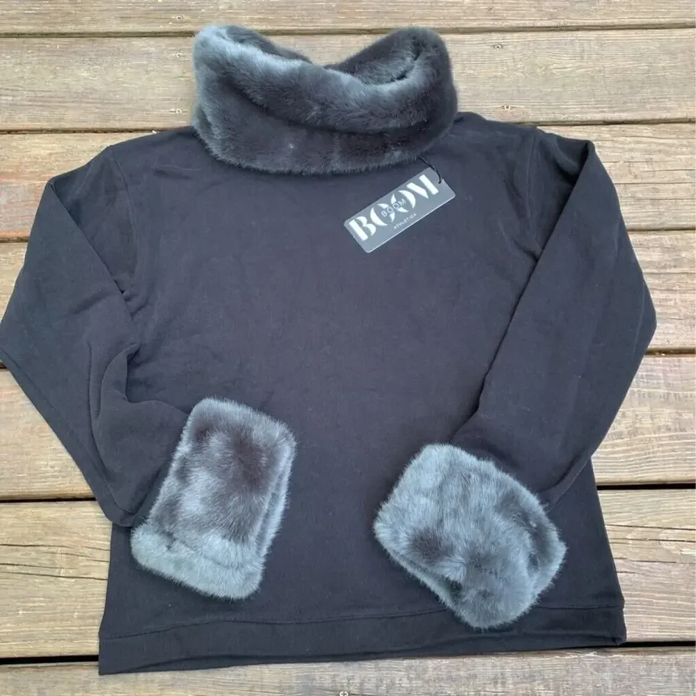 Boom Boom Athletica Womens Pullover Sweater Black Gray Removable Fur Trim S New